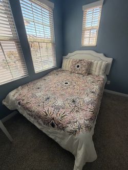 Queen White Upholstered Bed Frame with Headboard