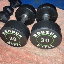 Pair Of 30 Lb Hudson Steel Rubber Encased Urethane Dumbbells 