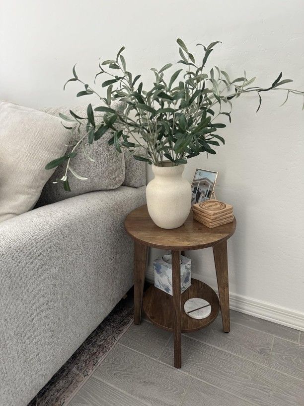 Rustic Walnut Round Side Table with Lower Shelf - Small Space Nightstand
