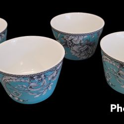 222 Fifth Adelaide Turquoise 4 Appetizer Bowls 4 1/2" Bird & Flowers