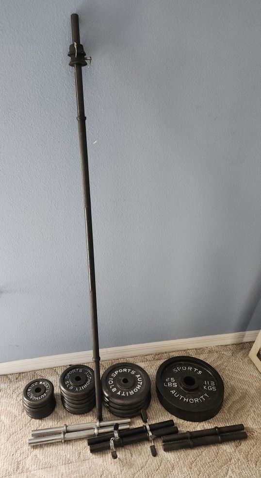 Sports Authority Barbell, 130 lbs Weights And 3 Sets Dumbbell Bars