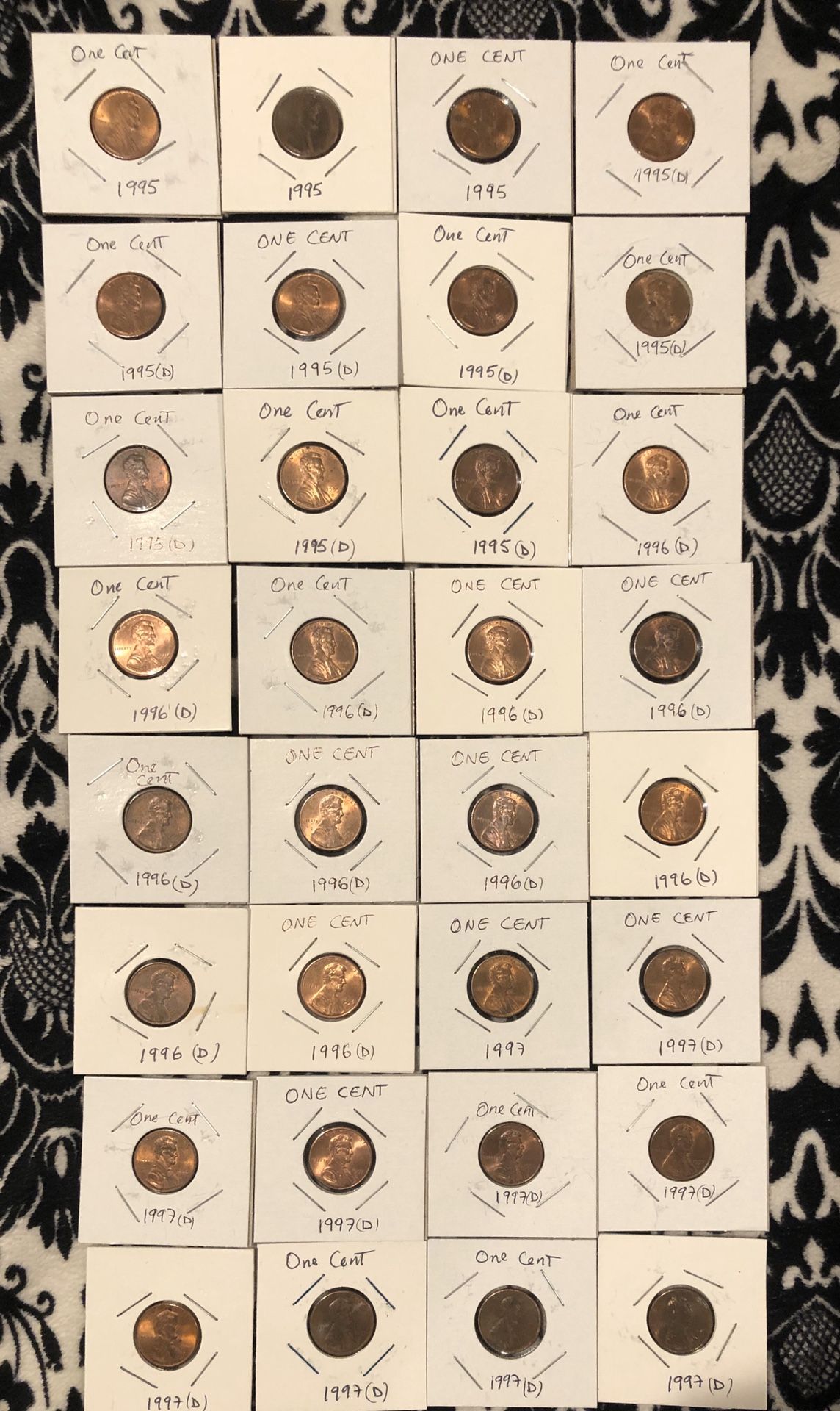 Lot 32 coins: One Cent 1995(3),1995 D( 8),1996D(12),1997,1997D(9)