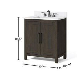 Leary 30 in. W x 34.5 in. H Bath Vanity in Dark Brown with Engineered Stone Vanity Top in White with White Basin