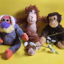 3 Vintage Collectible Plush Monkeys