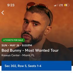 4 BAD BUNNY Tickets - Kaseya Center Miami FL 5/26 @ 8pm