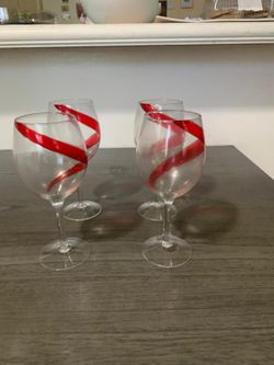 Pier 1 Red Swirl Line Water Wine Glass 19 OZ Hand Blown 8 7/8” Set Of 4