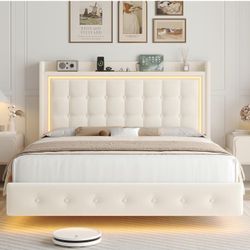 Keyluv Upholstered Full Floating Bed Frame with RGB LED Lights and Charging Station, Velvet Platform Bed with Button Tufted Storage Headboard, Type-C 