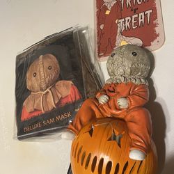 Trick 'r Treat Bundle Lot Set Of 3 Light Up Statue Burlap Mask Wooden Sign NEW