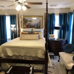 Four Poster Rice Queen Bed, Armoire, & Granite Top Night Stand