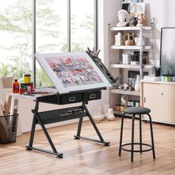 Height Adjustable Drafting Table Drawing Table Artist Desk Tilting Tabletop Art Craft Desk Watercolor Paintings Sketching Work Station w/2 Storage Dra