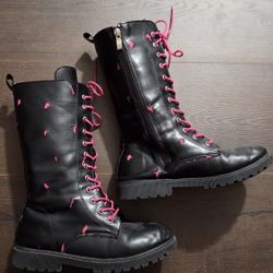 Girls Sz 2 Pink And Black Boots