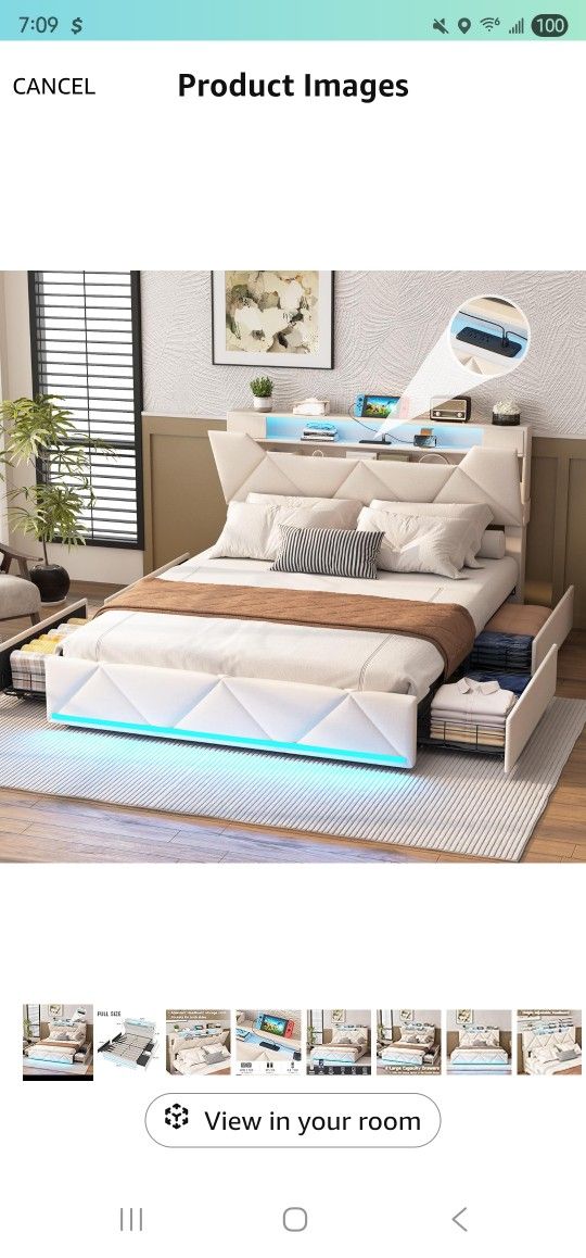 Vabches Queen Bed Frame with Storage Headboard and 4 Drawers,Upholstered Platform with Charging Station and Led Lights,Adjustable Headboard,r