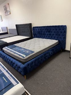 Queen platform bed frame blue velvet