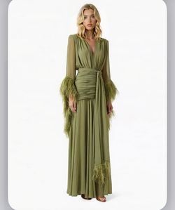 Olive Green Feather Trim Maxi Gown Size Large