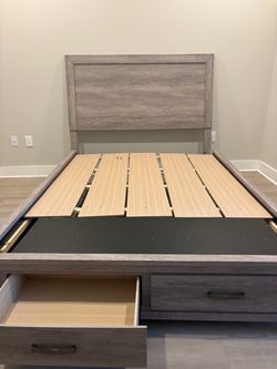 Gray Wood Platform Bed Frame with Storage Drawers