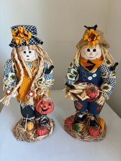 Vintage 2002 Set Of 2 Fabric Mache Scarecrows With Original Box Fall Holiday Decor