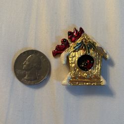 Two Cardinals, On Top Of A Birdhouse, Snow Covered Roof