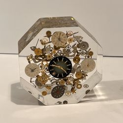 MCM Rare 1950s Lucite Exploding Watch Parts Sculpture Frozen Paperweight Octagon .