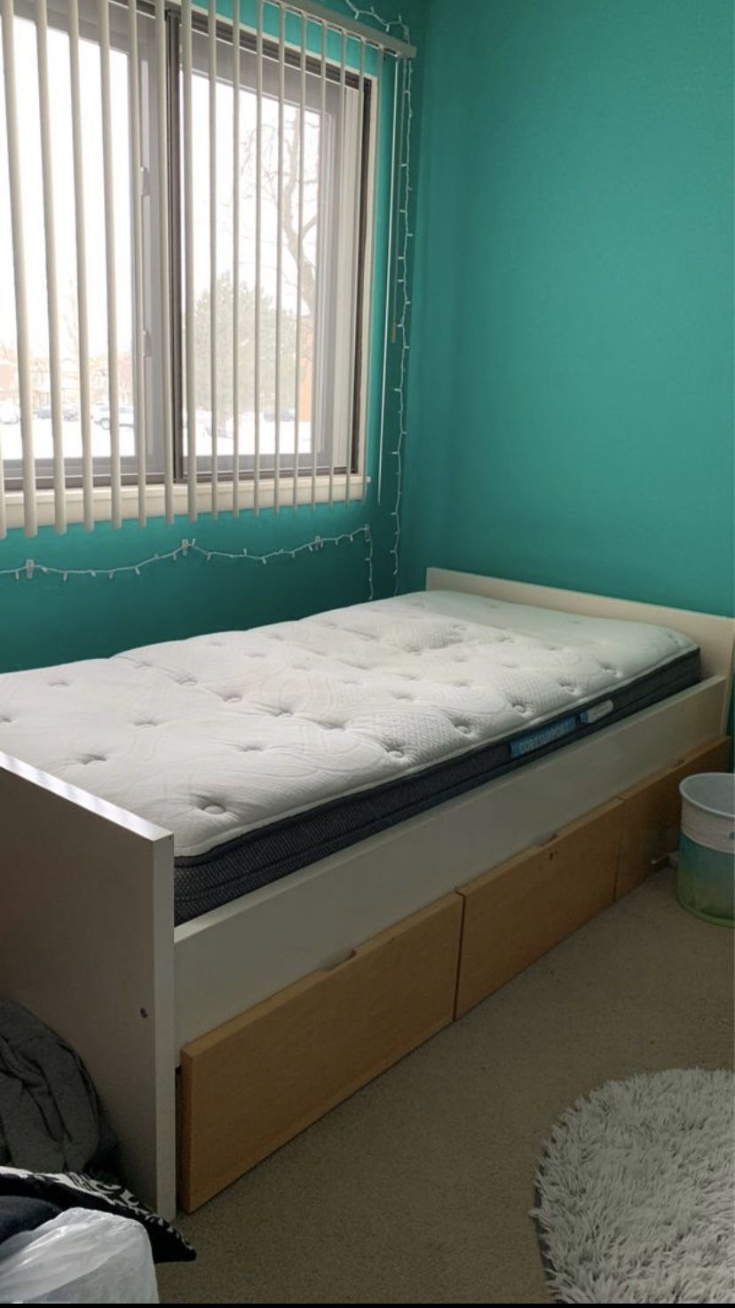 Twin Mattress with frame and drawers