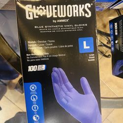 Gloveworks Blue Synthetic Vinyl Gloves by AMMEX, size Large. The box contains 100