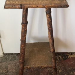 Vintage Tortoiseshell Bamboo Plant Stand with Rice Mat Top 