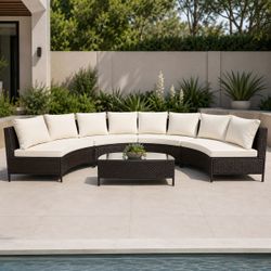 126" Outdoor Patio Half-Moon Rattan (8-Person) Sectional Sofa w/ Beige Cushions + Table  [NEW] **Retails for $954  <Assembly Required>