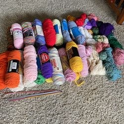 About 32 Brand New Yarns And Some Rest Come With  6 Knitting Needles 