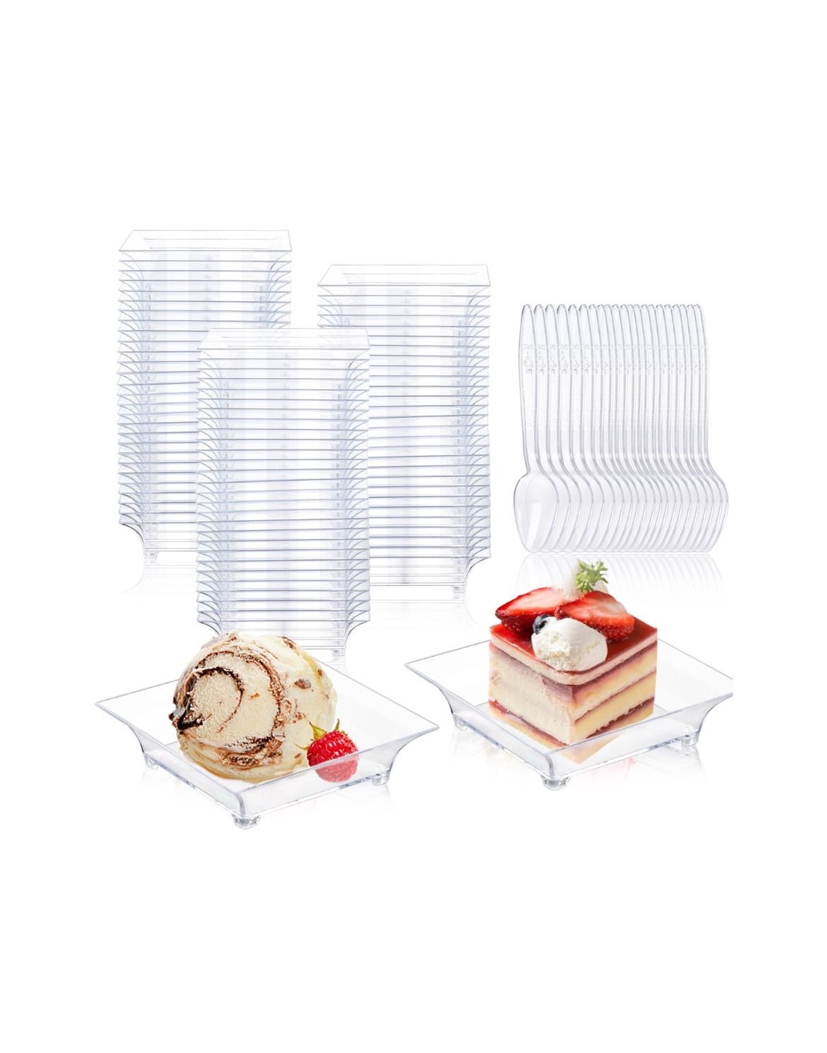 300pcs Mini Dessert Plates with Tasting Spoons for 150 Guests, Clear NEW!! NIB