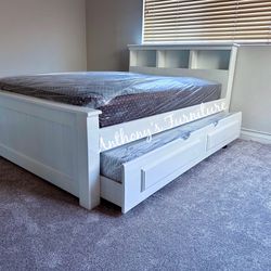 Solid Wood Full Bed & Twin Trundle + 2 Mattresses 