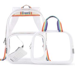 Clear Backpack and Toiletry Bag Set, Rainbow Handles, NEW