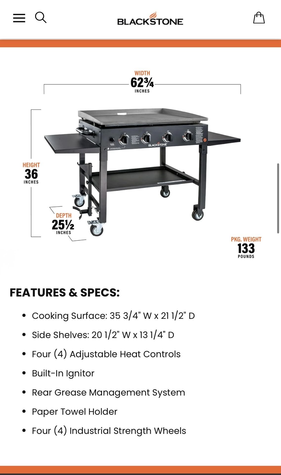 BLACKSTONE 36" GRIDDLE COOKING STATION Model #1554