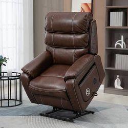 Dual Motor Extra Wide Brown Technical Leather Power Lift Recliner Chair with Heat, Massage, Tray and Wireless Charging