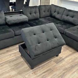 Black Velvet Reversible Sectional With Cup Holder And Storage Ottoman. Brand New. 