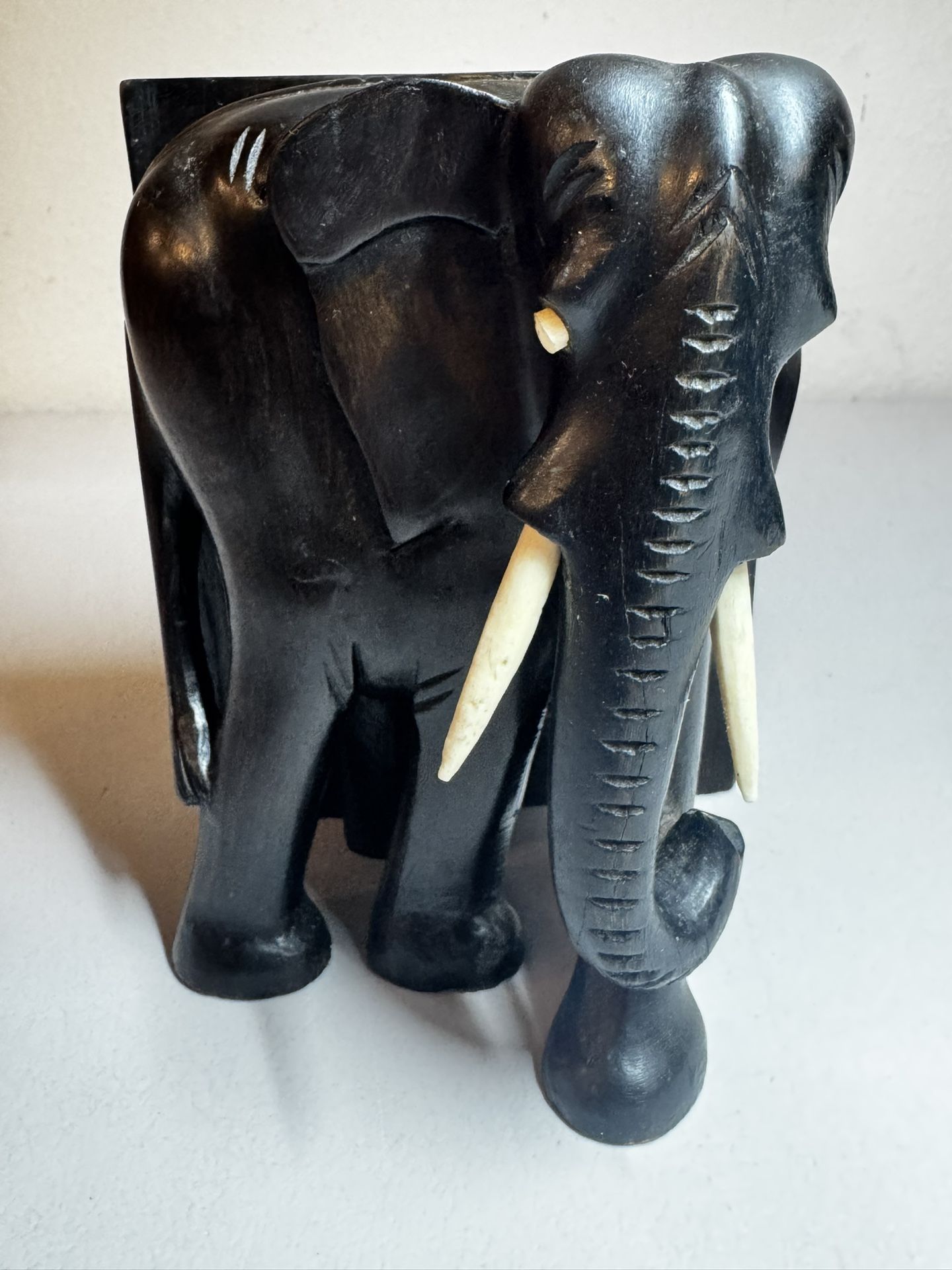 Antique Anglo Indian Elephant Black Ebonized Wood Hand Carved Sculpture