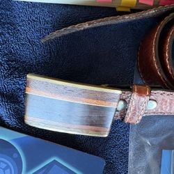 Brown Leather Belt With Metal & Wood Buckle Made In New Mexico. 