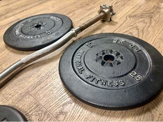 Standard Curl Bar with Cast Iron Weight plates: 25s, 10a and 5s. Total: 97 lbs
