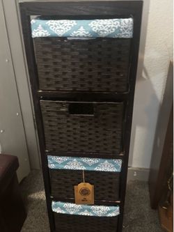 4-Tier Espresso Wood Storage Tower w/ Woven Basket Drawers