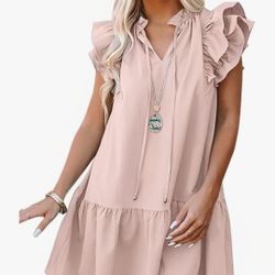 Dokotoo Womens Summer Dresses 2025 V-Neck Drawstring Ruffle Cap Short Sleeve Side Pockets Mini Dress Sundress