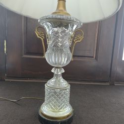 Cut crystal glass urn-form table lamp with pleated silk shade