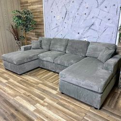 New! Fog Grey Double Chaise 120" Corduroy Sectional 
