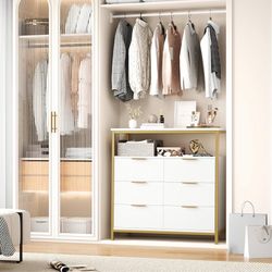 Modern White Dresser, 6 Drawer Dresser with Shelf, Wood Chest of Drawers with Sturdy Steel Frame, Large Capacity 6 Drawer Chest or Living Room Home