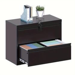2 Drawer Metal Lateral File Cabinet With Lock, Wide Filing Cabinet For Home Office, Steel File Cabinet For Legal/Letter, Assembly Required, Black