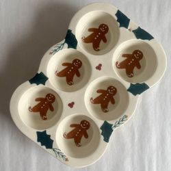Vintage Hartstone Pottery Holiday Themed Ceramic 6-Cup Gingerbread Man Muffin Pan