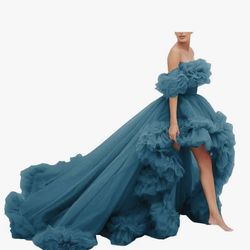 High Low Ruffle Tulle Prom Dress Off Shoulder Ruffles Ball Gown Long Puffy Evening Dress for Wedding CY72