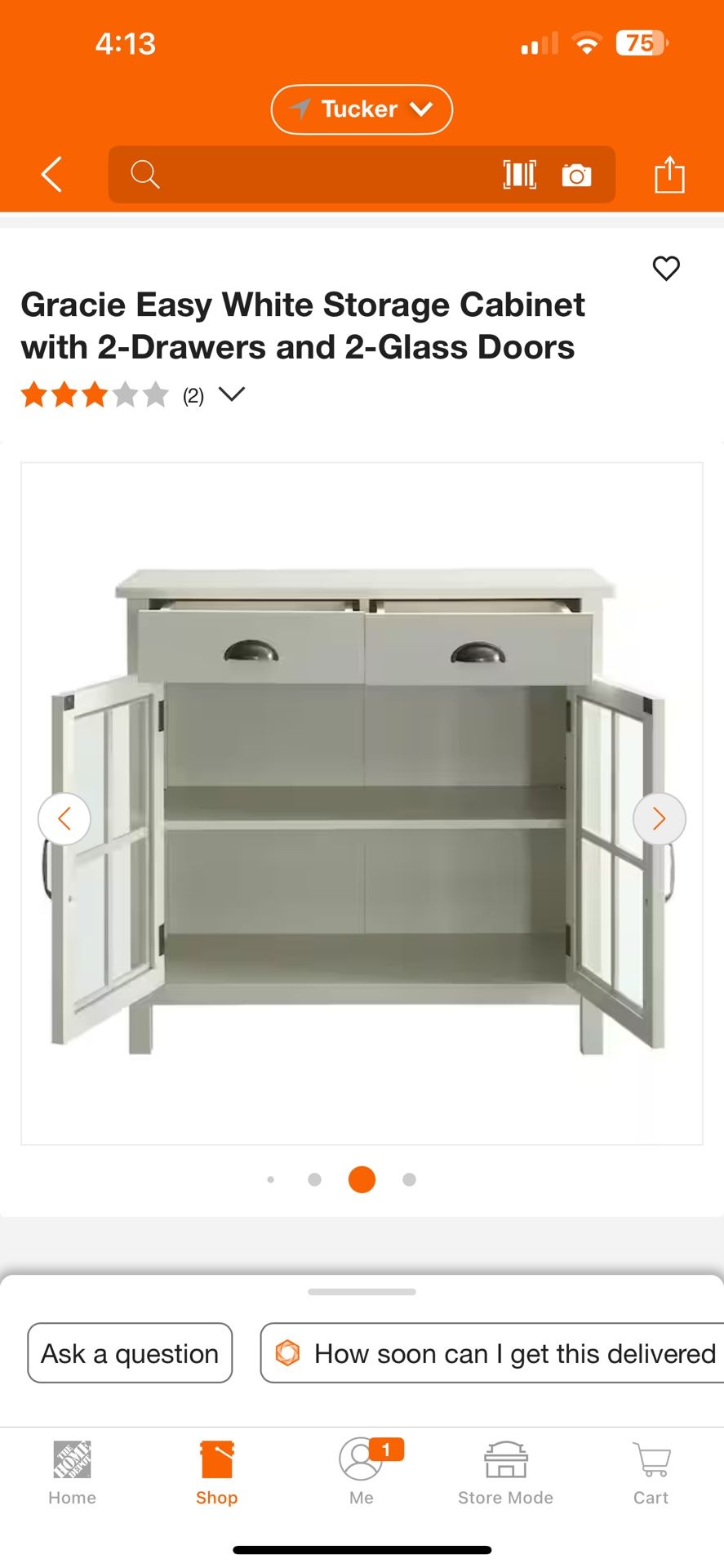 Gracie Easy White Storage Cabinet with 2-Drawers and 2-Glass Doors