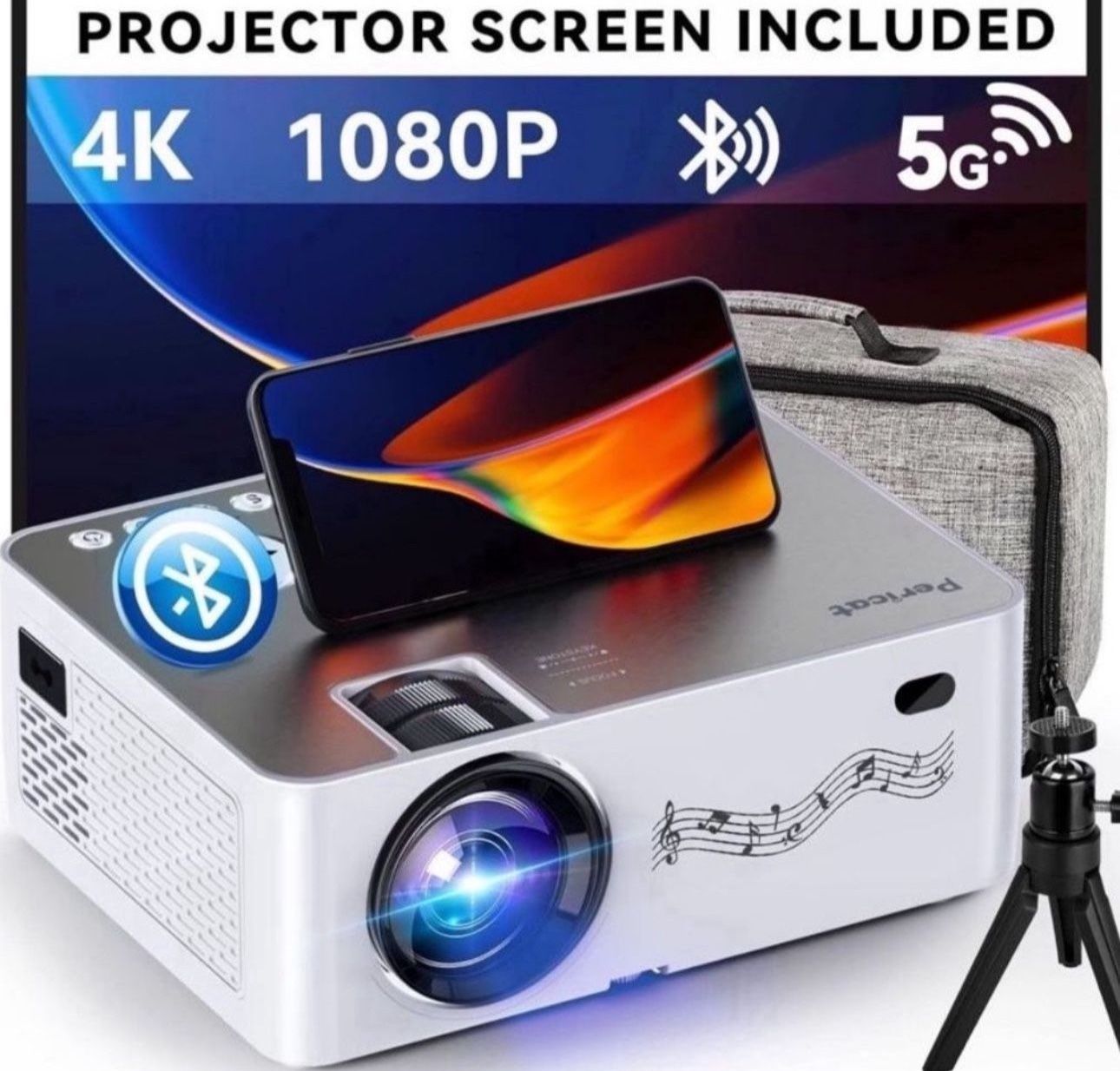 Pericat Q9 Projector with WiFi and Bluetooth, 5G WiFi Native 1080P/16000L Video Projector with Screen, 4K Support Outdoor Projector White
