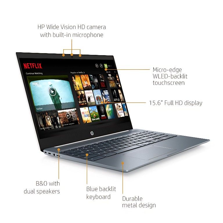 HP Chromebook 15.6" Full HD Touchscreen, Intel Core i3-8130U, 4GB SDRAM, 128GB eMMC, Audio by B&O, Ceramic White/Cloud Blue, Backlit Keyboard.