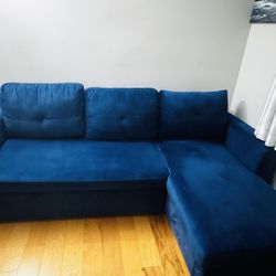 91inch Blue Velvet Sofa Bed with Reversible Chaise (like New)