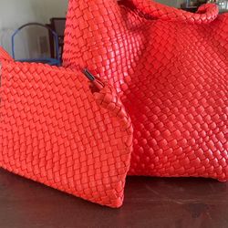 Orange Vegan Leather Woven Tote With Pouch 