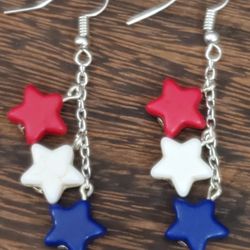 Patriotic Red, White,  And Blue Howlite Dangly Stars Pierced Earrings 